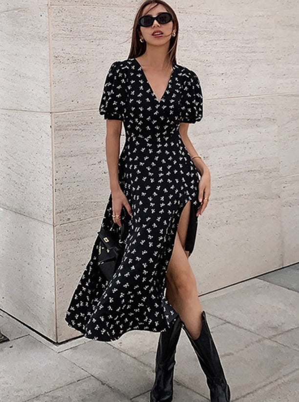 Black Puff Sleeve V-Neck Overall Printed Slit Dress