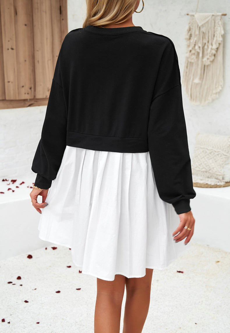 Black White Round Neck Long Sleeve Pleated Dress