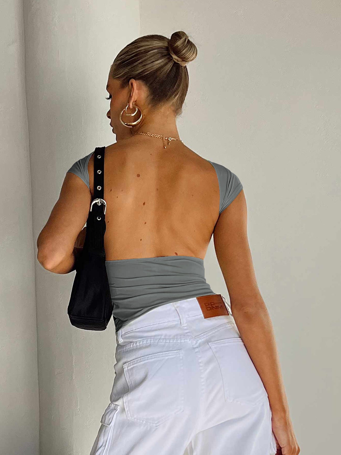 Dark Gray Sexy Backless Slim Breathable Short Sleeve Shirt