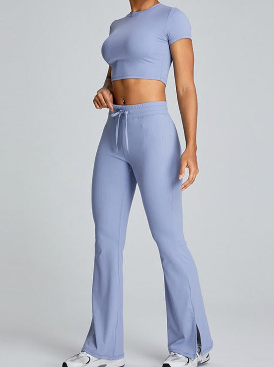 Blue Slit-Flared Butt-Lifting Drawstring Fitness Pants