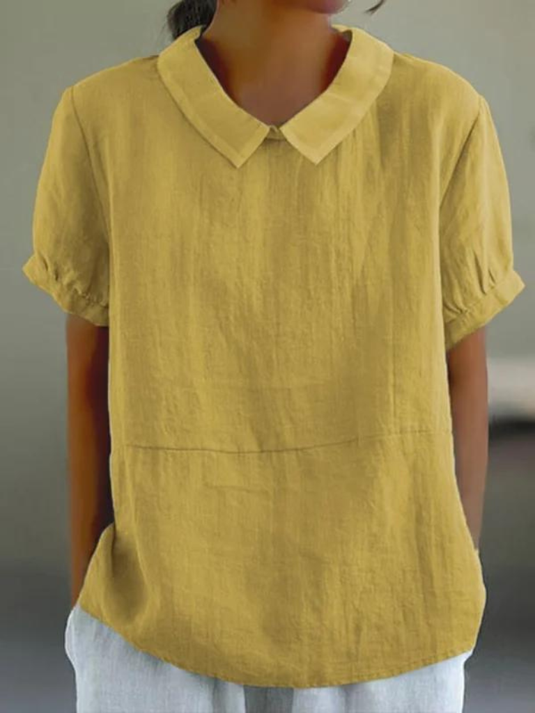 Solid Casual Cotton And Linen Half Sleeve Blouse