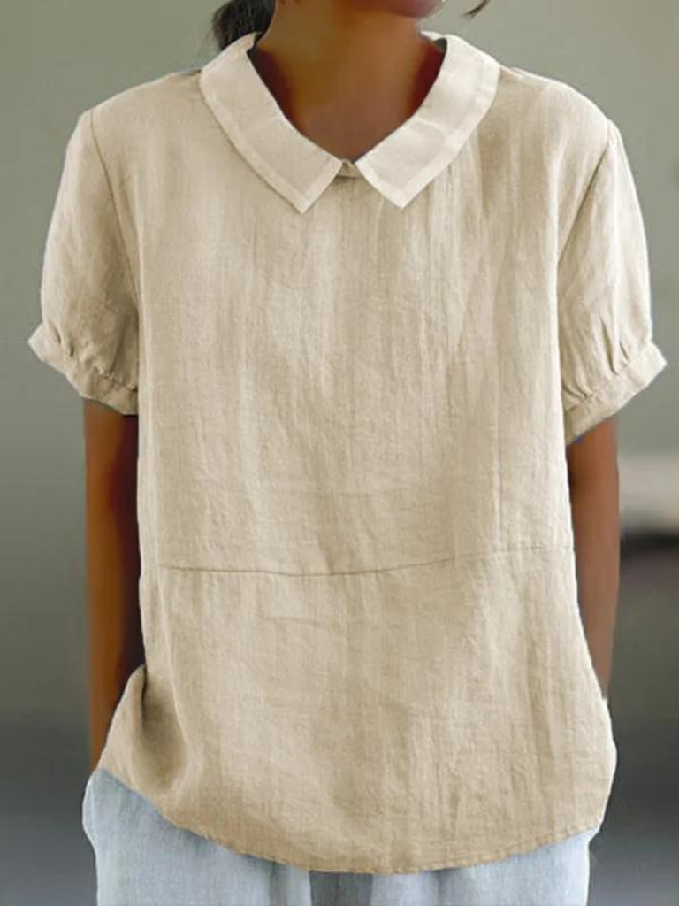 Solid Casual Cotton And Linen Half Sleeve Blouse