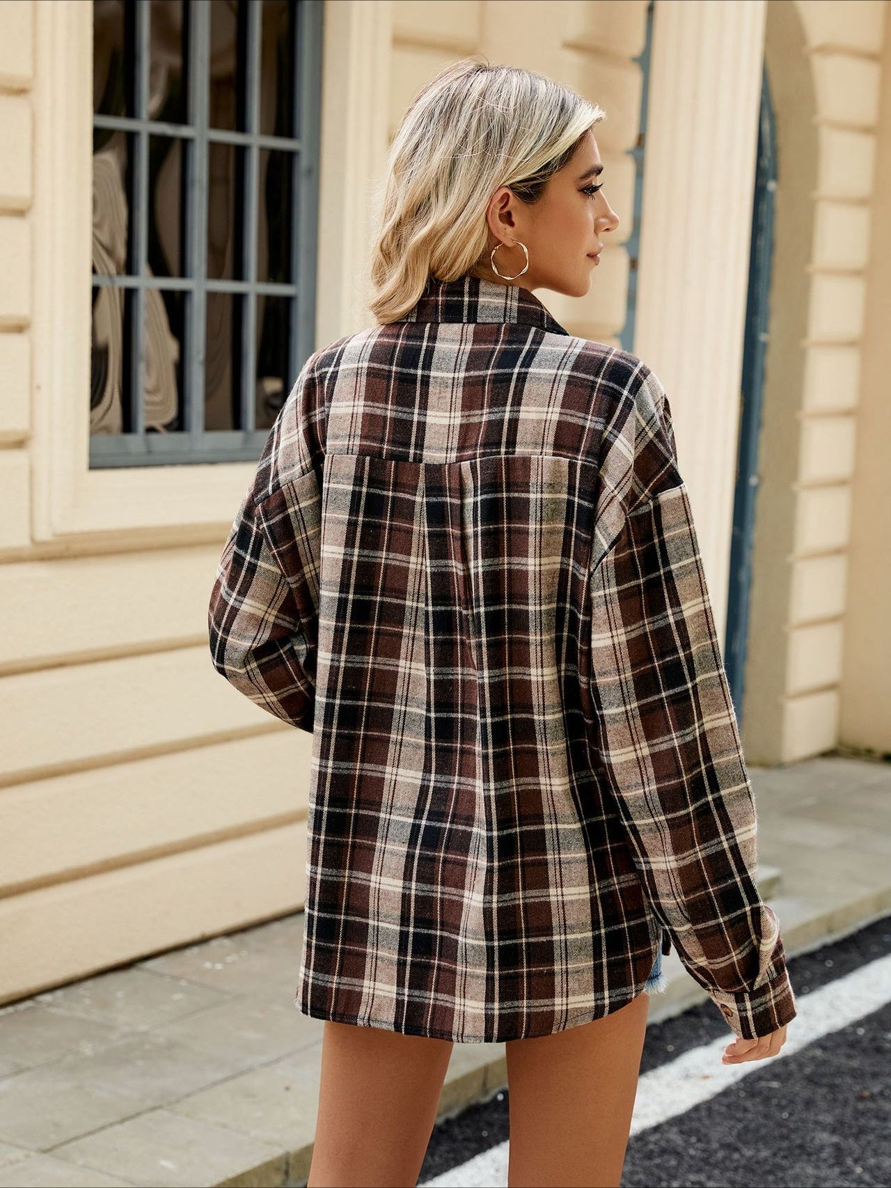 Long Sleeve Pocketed Oversized Plaid Shirt