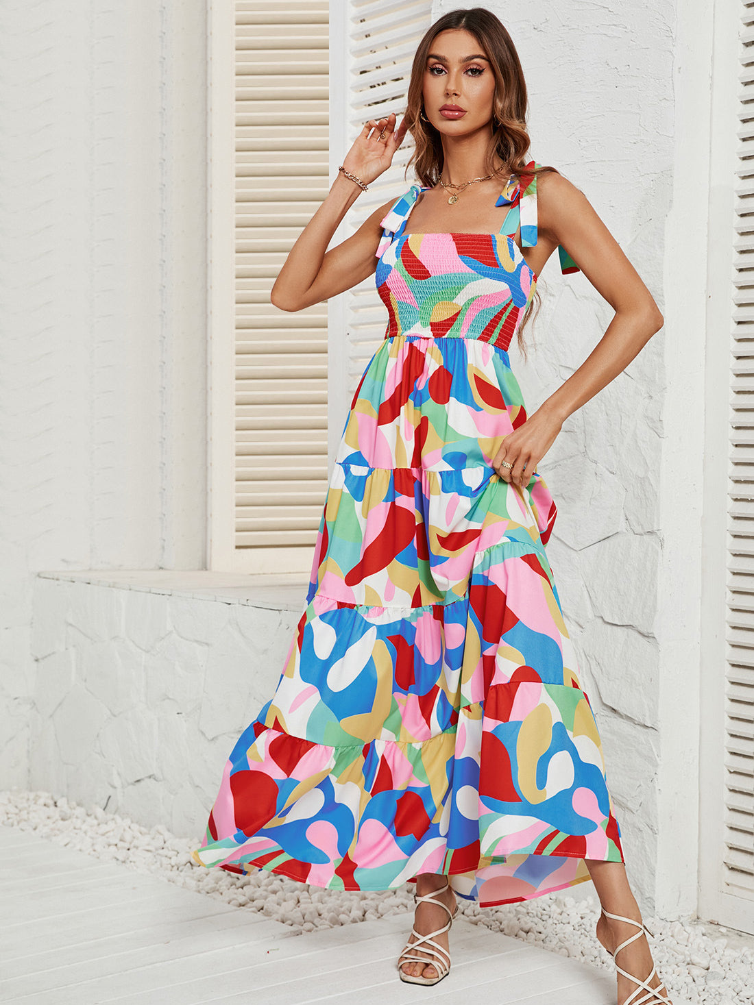 Casual Colorful Ribbon Shoulder Maxi Dress