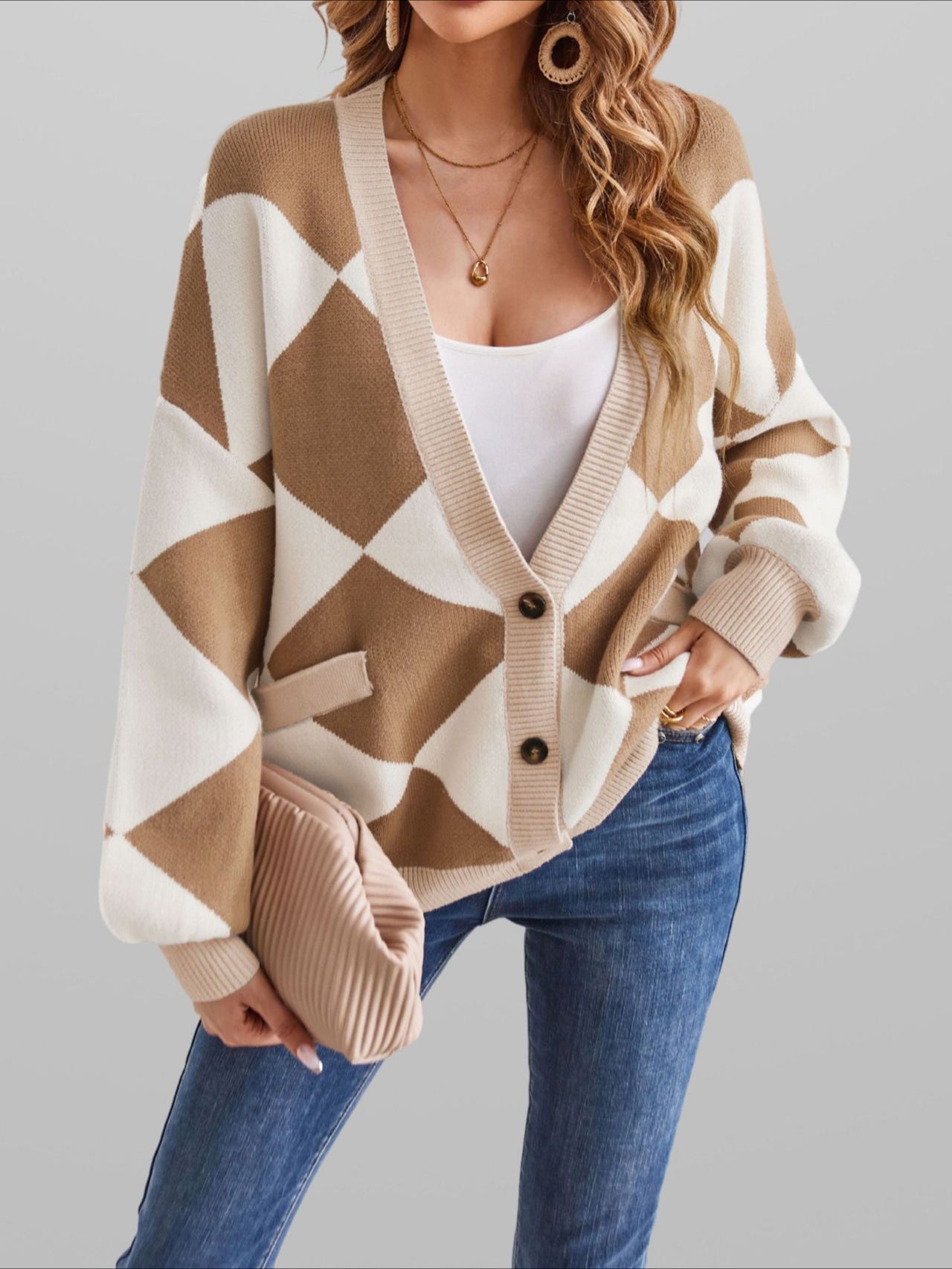 Strickjacke Damen Geometrisches Muster Oversize Cardigan mit Knöpfen, Pullover für Winter & Herbst, Casual Langarm V-Ausschnitt Strickjacken in Verschiedenen Farben