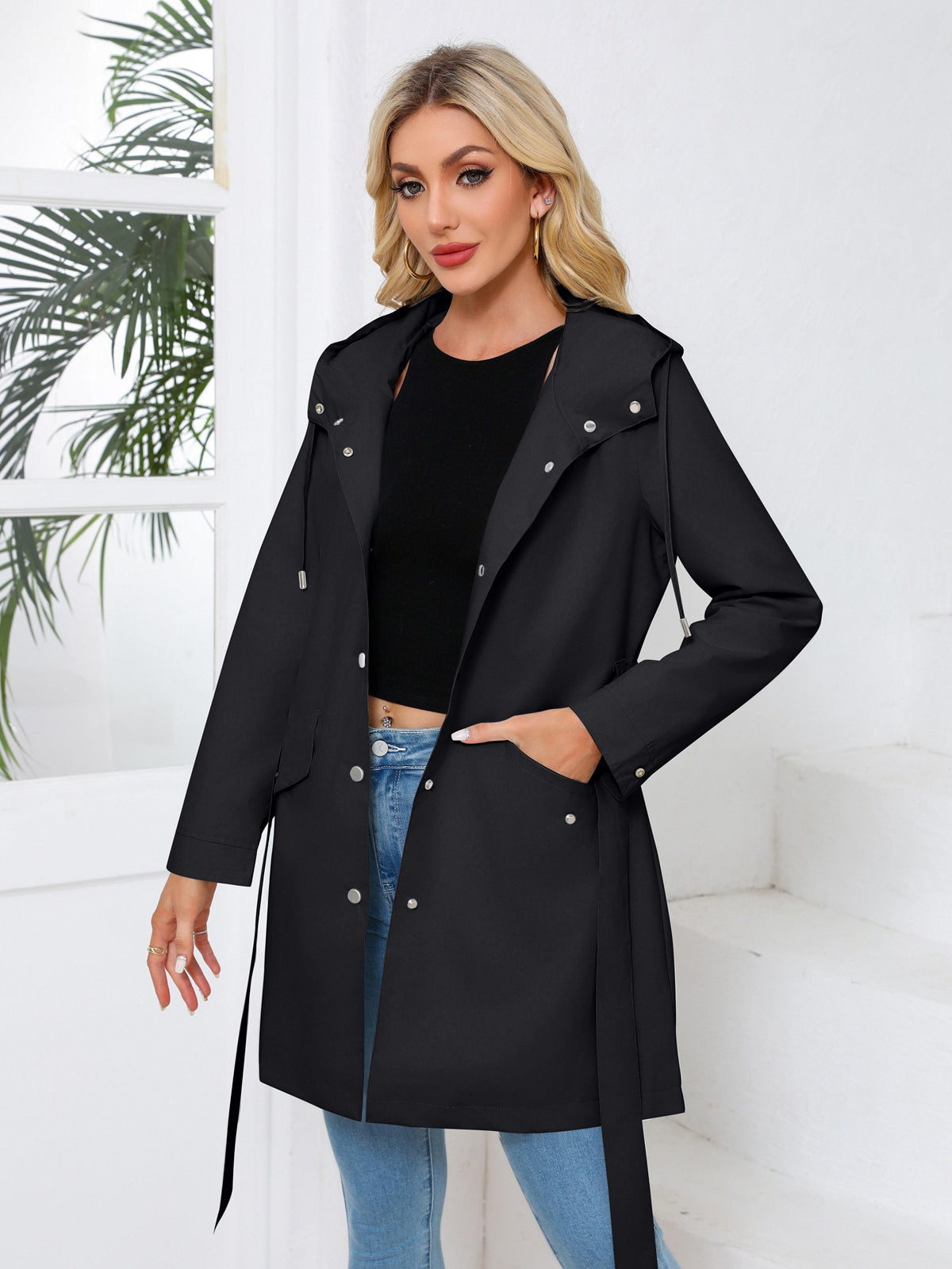 Übergangsjacke Damen Mit Kapuze – Leichter Mantel Mit Gürtel Frühling Herbst