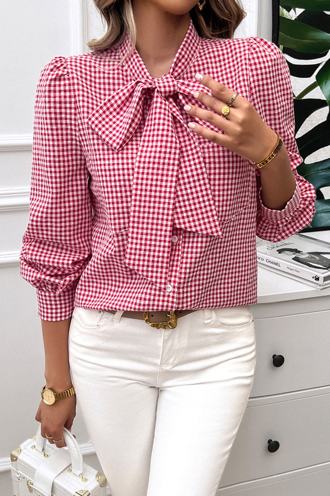 Gingham-Bluse mit Fliegekragen